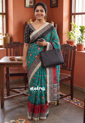 Peacock Green with Black - Pragathi - Linen Cotton Saree Ganga Jamuna Border with Contrast Blouse - Best for Office Wear | Casual Wear