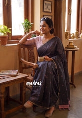 Nightfall Black - Pragathi - Linen Cotton Saree with small buttas and Contrast Blouse - Perfect for Office Wear | Summer wear | Casual Wear