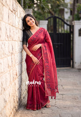 Muted Red - Pragathi - Linen Cotton Saree with Floral Print Border - Perfect for Office Wear | Summer wear | Casual Wear