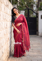 Muted Red - Pragathi - Linen Cotton Saree with Floral Print Border - Perfect for Office Wear | Summer wear | Casual Wear