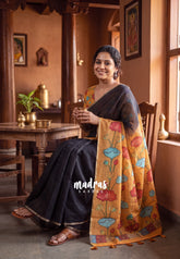 Midnight Black - Pragathi - Linen Cotton Saree with Pichwai Pallu and Blouse - Perfect for Office Wear | Summer wear | Casual Wear