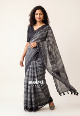 Black & White Linen Cotton Saree with Tribal Art Prints | Pragathi Saree for Office, Summer & Casual Wear