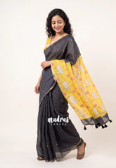 Elephant Black - Pragathi - Linen Cotton Saree with Pichwai Pallu and Blouse and Buttas - Perfect for Office Wear | Summer wear | Casual Wear
