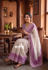 Muted Beige - Pragathi - Linen Cotton Saree with Diamond Shape Buttas - Perfect for Office Wear | Summer wear | Casual Wear
