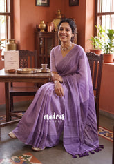 Muted Lilac - Pragathi - Linen Cotton Saree with Checks - Perfect for Office Wear | Summer wear | Casual Wear