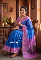 Royal Blue - Pragathi - Linen Cotton Saree with Checks with Peacock Border Prints - Perfect for Office Wear | Summer wear | Casual Wear