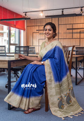 MS Blue - Pragathi - Linen Cotton Saree with Checks with Peacock Border Prints - Perfect for Office Wear | Summer wear | Casual Wear