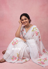 Ivory White - Pragathi - Linen Cotton Saree with Floral Prints - Perfect for Office Wear | Summer wear | Casual Wear