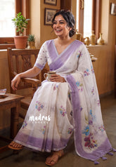 Frost White - Pragathi - Linen Cotton Saree with Flower Prints - Perfect for Office Wear | Summer wear | Casual Wear
