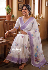 Frost White - Pragathi - Linen Cotton Saree with Flower Prints - Perfect for Office Wear | Summer wear | Casual Wear