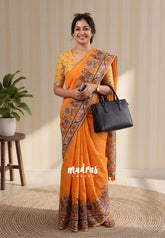 Yellowish Orange - Pragathi - Linen Cotton Saree with Kalahasti Prints - Perfect for Office Wear | Summer wear | Casual Wear