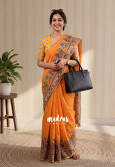 Yellowish Orange - Pragathi - Linen Cotton Saree with Kalahasti Prints - Perfect for Office Wear | Summer wear | Casual Wear
