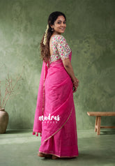 Candy Pink - Pragathi - Linen Cotton Saree Plain with Floral Prints Blouse - Perfect for Office Wear | Summer wear | Casual Wear