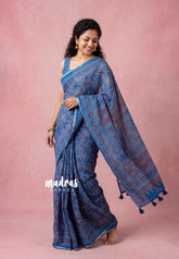 Indigo Blue - Pragathi - Linen Cotton Saree with Floral Prints - Perfect for Office Wear | Summer wear | Casual Wear