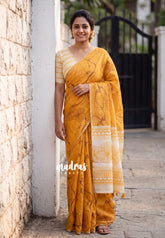 Mustard Yellow - Pragathi - Linen Cotton Saree with Floral Prints - Perfect for Office Wear | Summer wear | Casual Wear
