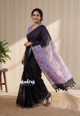Jet Black - Pragathi - Linen Cotton Saree with Floral Prints Pallu and Blouse - Best for Office Wear | Casual Wear