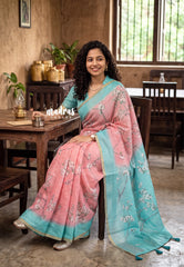 Peach Pink - Pragathi - Linen Cotton Saree with Floral Prints - Perfect for Office Wear | Summer wear | Casual Wear