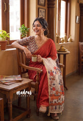 Brick Red - Premium Linen Cotton Saree Kalamkari Pallu and Blouse - Best for Small Functions