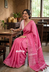 Cotton Candy Pink - Pragathi - Linen Cotton Saree Square Box Buttas Print wiht Contrast Blouse - Perfect for Office Wear | Summer wear | Casual Wear