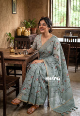 (PRE-BOOKING) Muted Aqua Blue - Linen Cotton Saree with Floral Prints - Best for Office Wear | Casual Wear
