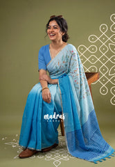 Sky Melody Blue Ombre - Pragathi Linen Cotton Saree with Gradient Ombre tone and Floral Digital Prints - Perfect for Office Wear | Summer wear | Casual Wear