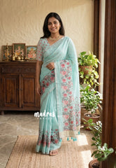 Aqua Mist - Pragathi - Linen Cotton Saree with Floral Print and Tiny Border - Perfect for Office Wear | Summer wear | Casual Wear