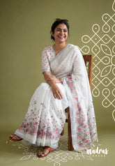 Snow White - Pragathi - Linen Cotton Saree with Floral Print and Tiny Border - Perfect for Office Wear | Summer wear | Casual Wear