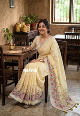 Creamy Butter Yellow - Pragathi - Linen Cotton Saree with Floral Print and Tiny Border - Perfect for Office Wear | Summer wear | Casual Wear