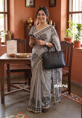 Muted Beige - Pragathi - Linen Cotton Saree with Elephant Print Border and Tiny Border - Perfect for Office Wear | Summer wear | Casual Wear