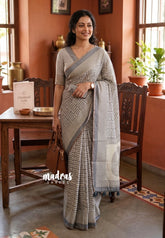 Grey with Beige - Pragathi - Linen Cotton Saree with Modern Print and Tiny Border - Perfect for Office Wear | Summer wear | Casual Wear