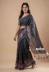 Elephant Black - Pragathi - Linen Cotton Saree with Floral Print and Tiny Border - Perfect for Office Wear | Summer wear | Casual Wear