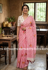 White with Pink - Linen Cotton Saree Madras Checks with Rose Flower Prints - Best for Office Wear | Casual Wear