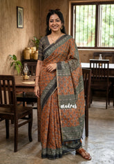 Mustard Orange - Linen Cotton Saree with Bagru Prints - Best for Office Wear | Casual Wear