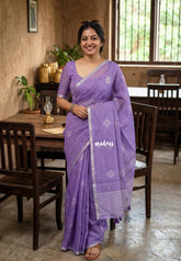 Lavender Purple - Linen Cotton Saree with Floral Pattern Prints - Best for Office Wear | Casual Wear