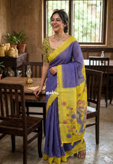 Violet Blue - Linen Cotton Saree Checks Body with Small Border - Best for Office Wear