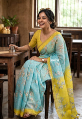 Losliya Inspired Soft Linen Cotton Saree with Aqua Blue & Floral Prints