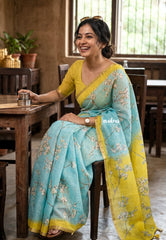(PRE-BOOKING) Losliya Inspired Soft Linen Cotton Saree with Aqua Blue & Floral Prints