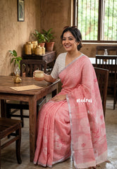 Peach Pink - Pragathi - Linen Cotton Saree with Floral Tiny Border - Perfect for Office Wear | Summer wear | Casual Wear