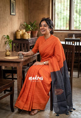 Sunset Orange - Pragathi - Linen Cotton Saree Contrast Pallu - Perfect for Office Wear | Summer wear | Casual Wear