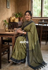 Olive Green with Mirror Work - Pragathi - Linen Cotton Saree Mirror Work with Stripes in Pallu and Blouse - Best for Office Wear | Casual Wear