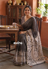 Muted Chocolate Brown - Pragathi - Linen Cotton Saree Kalahasthi Prints - Best for Office Wear | Casual Wearlamkari Kalahasthi Prints - Best for Office Wear | Casual Wear