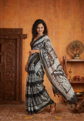 Black and White - Pragathi - Linen Cotton Saree Kalamkari Kalahasthi Prints - Best for Office Wear | Casual Wear