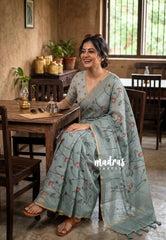 (PRE-BOOKING) Muted Aqua Blue - Linen Cotton Saree with Floral Prints - Best for Office Wear | Casual Wear
