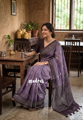 Muted Mauve Purple - Pragathi - Linen Cotton Saree with Batiq Prints - Best for Office Wear | Casual Wear