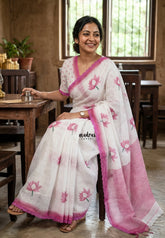 Snow White with Lace - Soft linen cotton saree with Lotus Prints with Lace Border - Perfect Office Wear | Casual Wear