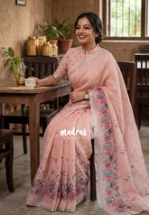 Peach Glow - Pragathi - Linen Cotton Saree with Floral Print and Tiny Border - Perfect for Office Wear | Summer wear | Casual Wear