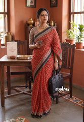 Orangish Red - Pragathi - Linen Cotton Saree Mango Bagru Prints with Tiny Border - Perfect for Office Wear | Summer wear | Casual Wear