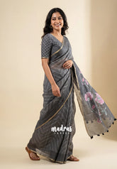 Elephant Grey - Pragathi - Linen Cotton Saree Floral pallu with Tiny Border - Perfect for Office Wear | Summer wear | Casual Wear