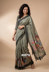 Olive Grey - Pragathi - Linen Cotton Saree Big Leaf Print with Contrast Blouse - Perfect for Office Wear | Summer wear | Casual Wear