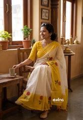 Creamy Ivory - Pragathi - Linen Cotton Saree Plain with Flower Printed Border - Perfect for Office Wear | Summer wear | Casual Wear
